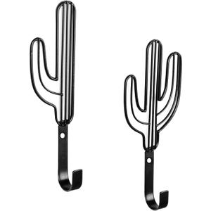 MyGift Wall Mounted Modern Black Metal Coat Hooks with Wire Saguaro Cactus Matching Shapes for Hanging Hats Coats Towels Leashes Keys, 2 Piece Set