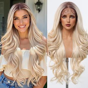 testar 136 Lace Front Wig Long Blonde Wavy Wigs for White Women Middle Part Body Wave Synthetic Heat Resistant Fiber Wig for Daily Use 26 IN (Blonde With Brown Roots)