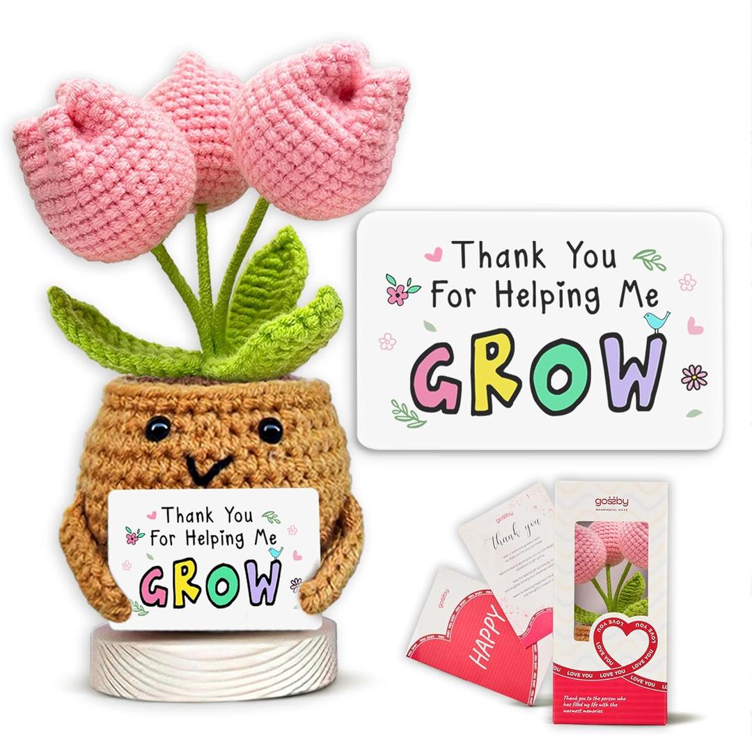 Gossby Teacher's Day Gift - Thank You for Helping Me Grow - Appreciation, Thank You - Mother's Day, Birthday, Graduation, Retirement, End of Year Teacher Gift from Students - Positive Tulip Crochet