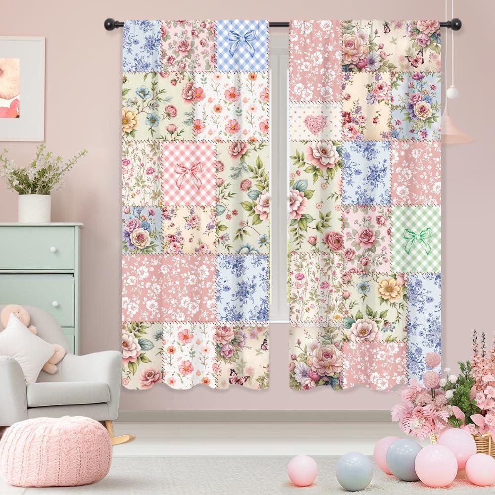 Riyidecor Boho Pink Floral Curtains Short Vintage Cute Patchwork Flowers Bohemian Plants Shabby Chic Retro Farm Rod Pocket for Women Female Bedroom Living Room Treatment Fabric 2 Panels 29Wx63H Inch