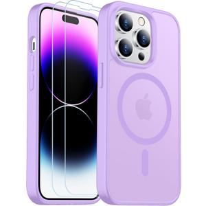SPIDERCASE for iPhone 14 Pro Max Case, Magnetic Translucent Matte Case with 2PCS Tempered Glass Screen Protector Slim Phone Case for iPhone 14 Pro Max 6.7'', Light Purple