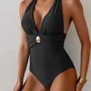 Aidonger Women's One Piece Swimsuit Sexy Halter V Neck Bathing Suit Tummy Control Ruched Metal Swim Suit, XL