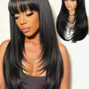 Quantum Love Long Black Hair Wig With Bangs Straight Layered Wigs For Black Women Synthetic Glueless Realistic Fiber Heat Resistant Natural Looking for Daily Party Cosplay