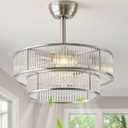 20" Silver Crystal Chandelier Ceiling Fan, Silver Caged Fandelier Ceiling Fan with Light, Modern Crystal Style 6-Speed Chandelier for Bedroom, Living Room, Nursery, Foyer.