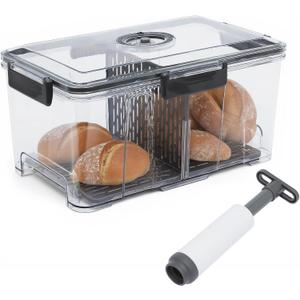 Bread Box for Kitchen Countertop,Kitchen Airtight Food Storage Containers,Large Bread Container Boxes with Vacuum Pump,Breades basket Storage Keeper with Time Recording & Draining Basket