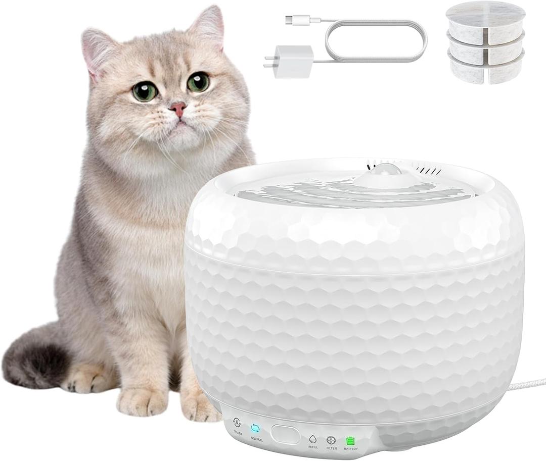 Cat Water Fountain, 62oz/1.8L Pet Water Fountain with Ultra Quiet Pump, Small Cat Fountain with Two Flow Modes, Includes 3 Filters (White, ABS)