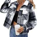 Binshre Womens Cropped Plaid Shacket Flannel Long Sleeve Button Down Jackets Coat for Women (Medium)