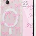 UEEBAI Magnetic for iPhone 14 & iPhone 13 Case, Bow Case Compatible with MagSafe, Wireless Slim Clear Ribbon Phone Cover Anti-Yellowing Shockproof Protective Cover for Women Girl - Pink