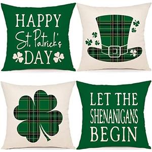 YCOLL St Patricks Day Decorations Throw Pillow Covers 20x20 Set of 4 Scottish Tartan Plaid St Patricks Day Hat Farmhouse Classic Decorative Square Cushion Cases for Sofa Couch