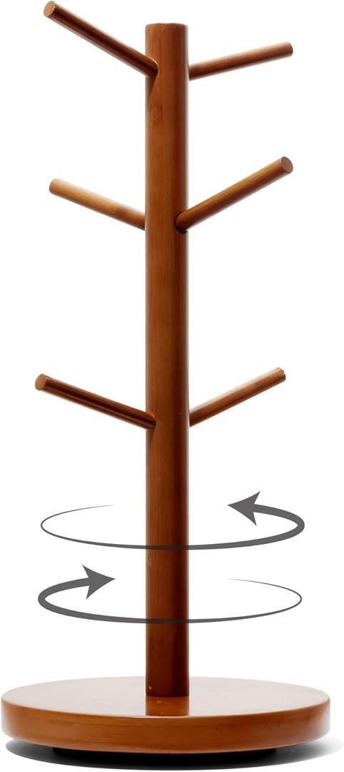 Rotating Wooden Coffee Mug Holder for Counter Top, Sturdy Stand for Large Cups w/ Non-Slip Countertop Base & 6 Hooks, Coffee Mug Tree for Counter, Easy-Assembly Stylish Cup Tree Holder for Countertop