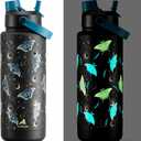 POWCAN 40 oz Insulated Water Bottle with 2-in-1 Straw and Spout Lid, Glow-in-the-Dark, 24H Cold, Leakproof, BPA-Free, Double Wall Stainless Steel for Sports, Gym, Travel, and School (Gilded Flutter)