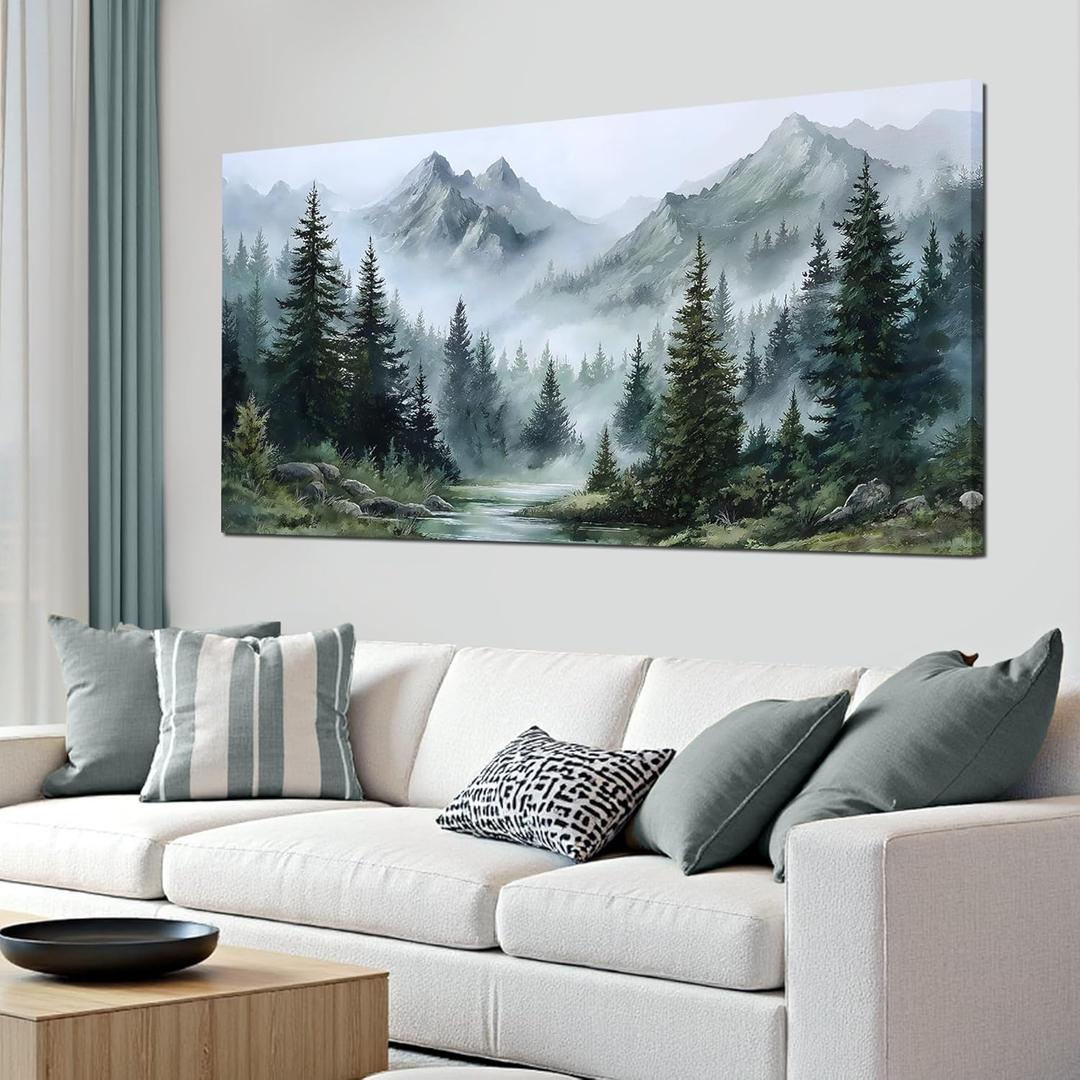 Tarfupth Large Misty Forest Wall Art for Living Room Green Nature Mountain Landscape Canvas Artwork with Trees and River Nature Art for Bedroom Office Home Decor 24x48 Inch (24L" x 48W", White)