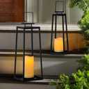 Solar Lantern Decorative Outdoor Set of 2 (18 & 15) Modern Black Metal Lanterns with Solar Candles, Decorative Candle Lanterns for Outdoor Porch, Patio, Garden, Yard Decor