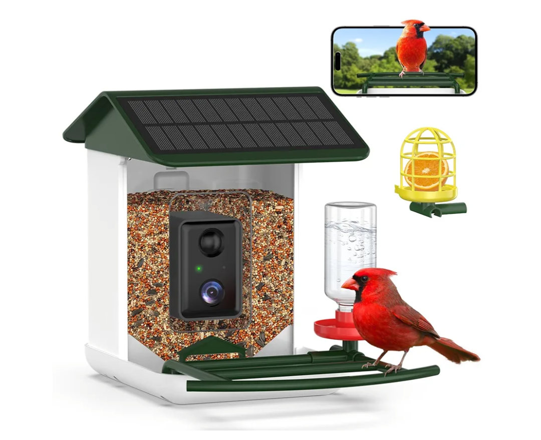 Bird Feeder with Camera, Free AI Forever for 11,000+ Species, 64G TF Card & 1080P HD, Solar-Powered Wireless Outdoor Design, App Alerts & Two-Way Audio for Garden (Blackish Green)