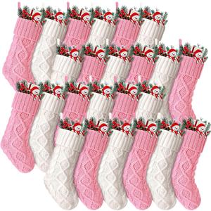 Hungdao 24 Pcs Pink White Christmas Stockings Knitted Xmas Socks Rustic Socks Double Sided Fireplace Hanging Stockings Vintage Xmas Sock for Family Christmas Decoration (8.3 Inch)