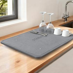 Large Stone Dish Drying Mats for Kitchen Counter,20"(L)16"(W) Diatomaceous Earth Stone Mat With 4pc silver metal feet,Super Absorbent Fast Drying,Non-Slip Multi-purpose Kitchen Mat