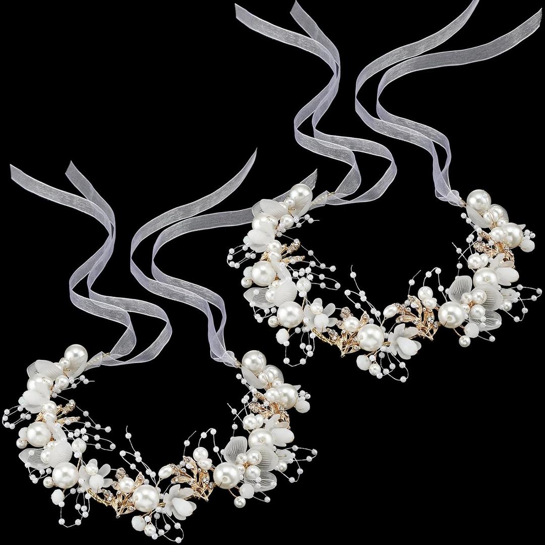 Retrowavy 2 Pcs Flower Girl Headpiece, Flower Girl Hair Accessories Rhinestone Crystal Princess Pearl Headband Bridal Hair Headband for Wedding First Communion(Gold)