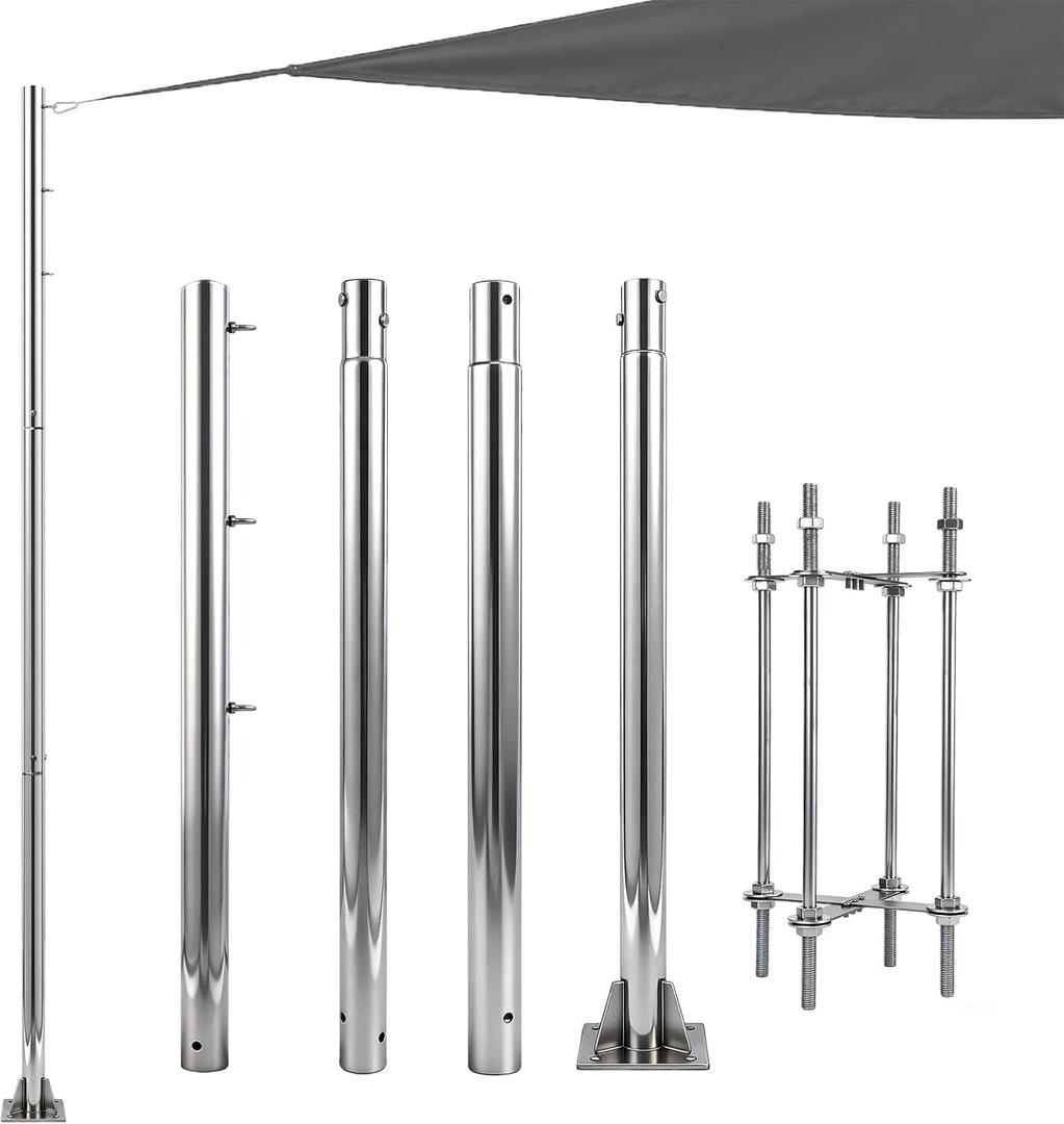 Sun Shade Sail Poles, 12ft Stainless Steel Post Kit Support Awning Canopy 2.36" Diameter Screw-Mounted Heavy Duty with Concrete basing Bracket for Patio Garden Deck (Silver, 12ft,1Pack)
