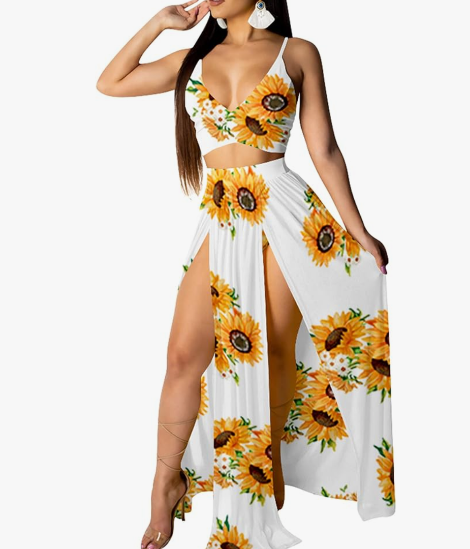 Women Sexy 2 Piece Outfits Dress Chiffon Strap Deep V Neck Bra Crop Top High Split Maxi Dresses Skirt Set
Size M