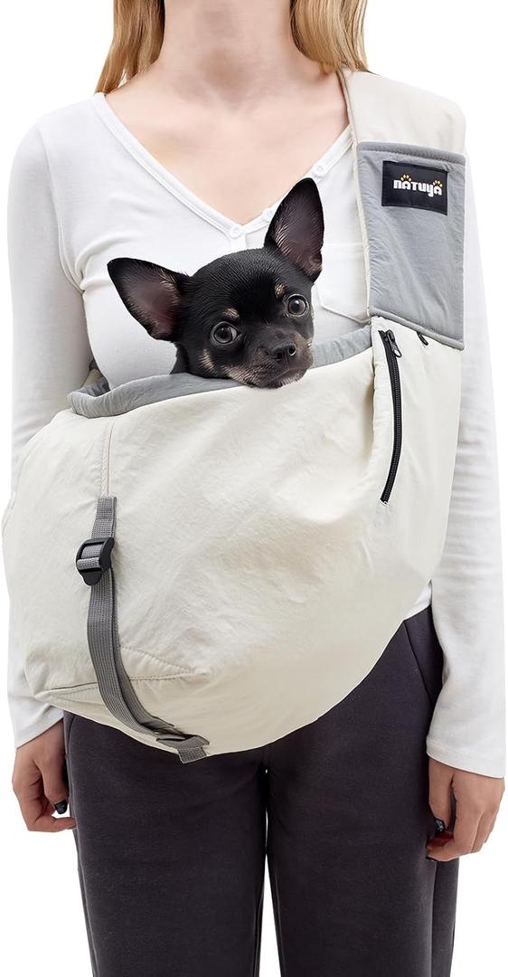 NATUYA Dog Sling Carrier for Small Dogs - Adjustable Padded Strap & Waterproof Lightweight Puppy Travel Bag with 3 Storage Pockets, White Grey