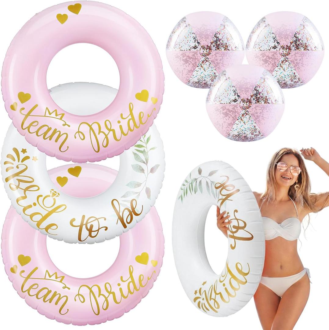 6 Pcs Bachelorette Pool Floats 36 Inch Team Bride Inflatable Ring Tubes 16 Inch Bride Beach Balls Pink and White Bachelorette Party Decorations for Bridal Shower Stagette Engagement Summer