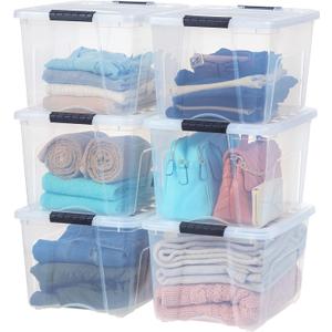 IRIS USA 40 Qt Stackable Plastic Storage Bins with Lids, 6 Pack - BPA-Free, Made in USA - See-Through Organizing Solution, Latches, Durable Nestable Containers, Secure Pull Handle - Clear