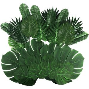 112Pieces 7 Kinds Artificial Palm Leaves Golden Tropical Leaves with Stems Jungle Leaves Decorations for Hawaiian Luau Party Beach Baby Shower Wedding Birthday (112pcs Green)