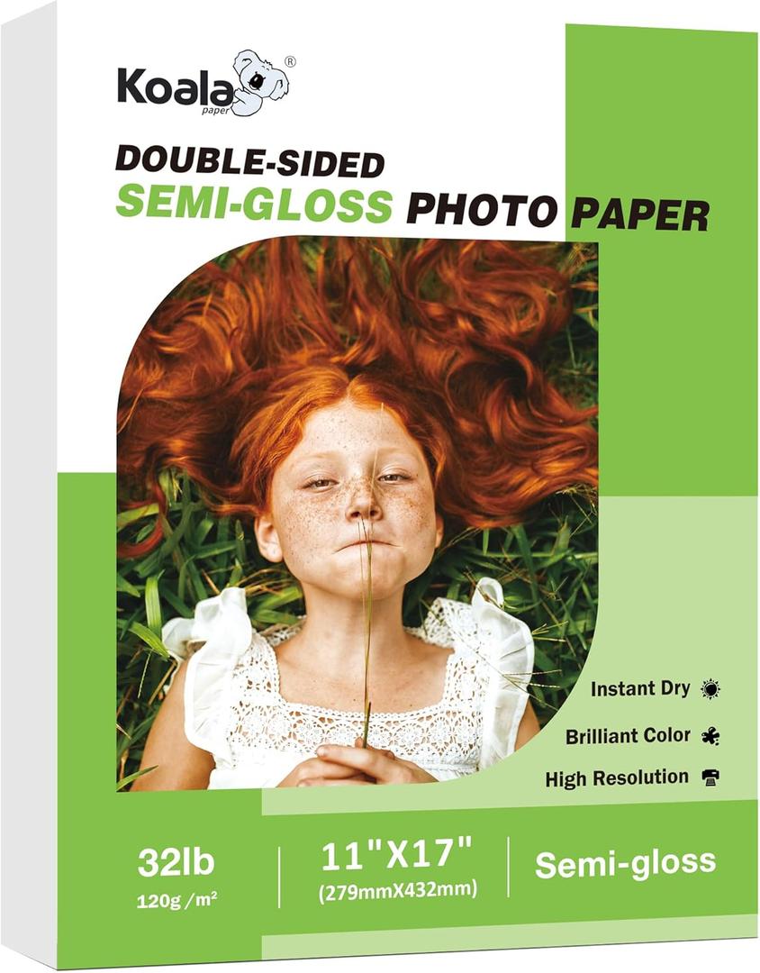 Koala Thin Double Sided Semi-Gloss Photo Paper 11X17 Inch 100 Sheets 32LB for Inkjet and Laser Printer for Menu Flyer Print (11"X17")