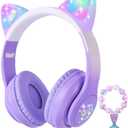 Cat Ear Kids Headphones Bluetooth, LED Light up Wireless/Wired Mode Over Ear Headphones with Build in Microphone for School/Travel (Purple)