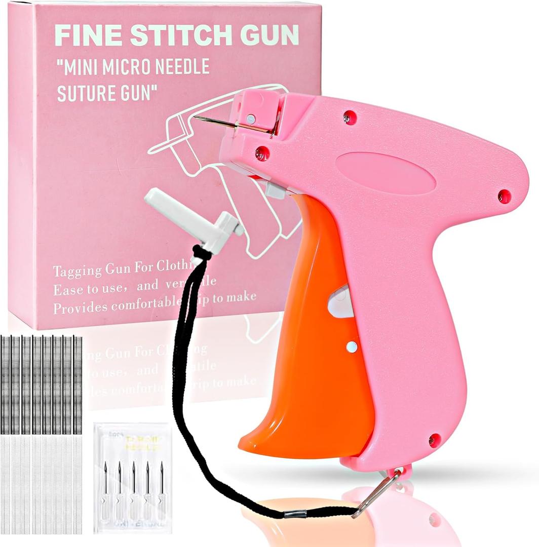 Stitch Gun for Clothes Handheld Stitch Gun Quick Clothing FixerSewing Kit Includes 1,000 Black Fasteners & 1,000 White Fasteners & 6 Needles (Pink-orange)