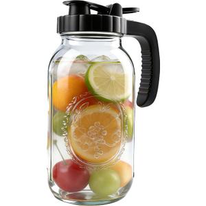 Glass Mason Jars Pitcher With Spout Lids 2 Quart Airtight Breastmilk Pitcher For Fridge Half Gallon Wide Mouth Water Jugs 64 Oz With Top Flip Cap for Cold Coffee, Ice Sun Tea,Lemonade Leakproof (Black)