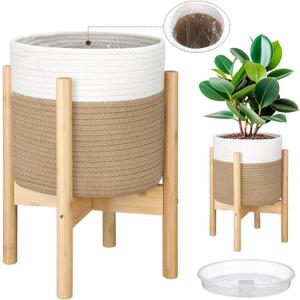 Plant Basket with Stand Indoor Planter Pot Holder Sturdy Jute Rope Modern Woven Basket, Cotton Rope Woven Pot with Bamboo Stand(White and Yellow,10 Inch)