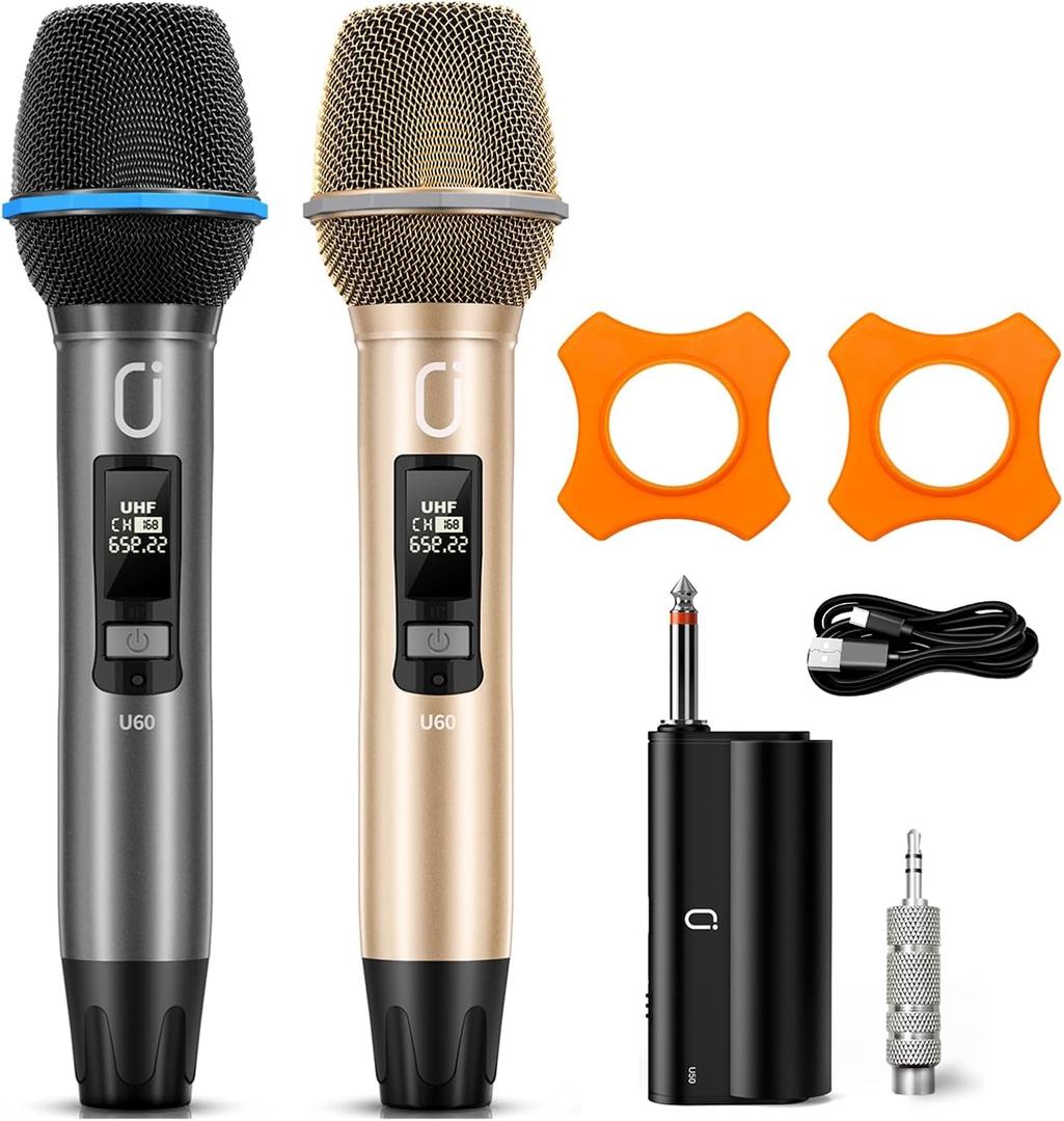 Wireless Microphones for Karaoke: Dual Professional Karaoke Microphone for Singing, Rechargeable Dynamic UHF Mic System with Receiver for Church, Party, Meeting, Speech, PA System, Plug and Play (Gold & Gray)