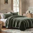 WDCOZY 100% Cotton King Size Quilt Set - Olive Green Striped Pick Stitch Soft Lightweight Bedspread, Textured Like Linen, Farmhouse Country Rustic Coverlet, Shabby Chic Gauze Bedding, 3 Pieces