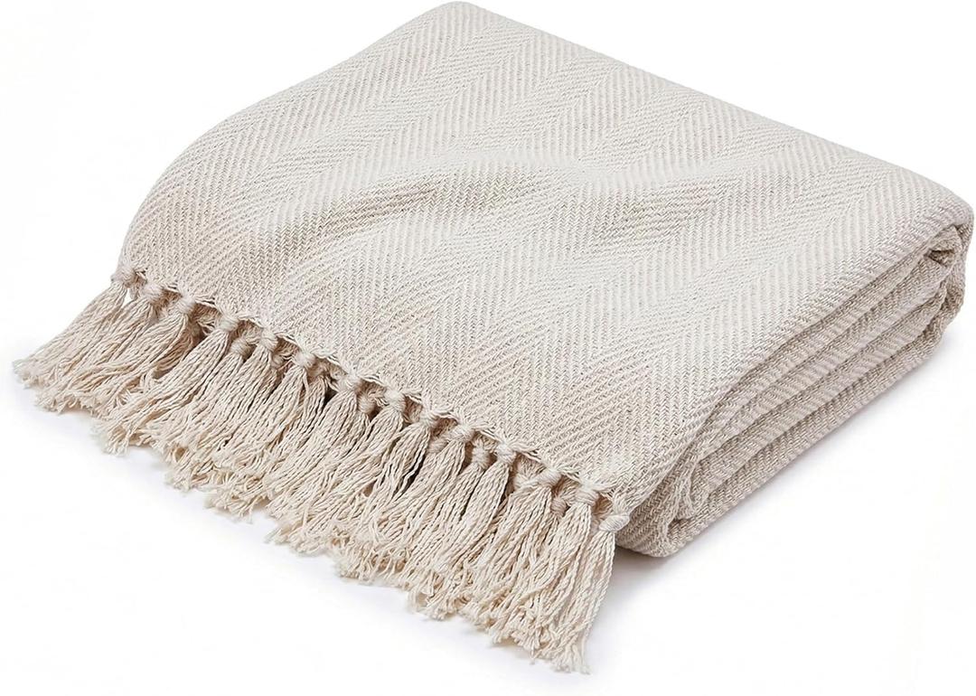 Americanflat 50x60 Throw Blanket - Soft and Breathable Cotton Throw Blanket for Couch, Bed, Chair - Decorative Blankets Perfect for Home, Office, or Outdoor Use - Cream Herringbone Design