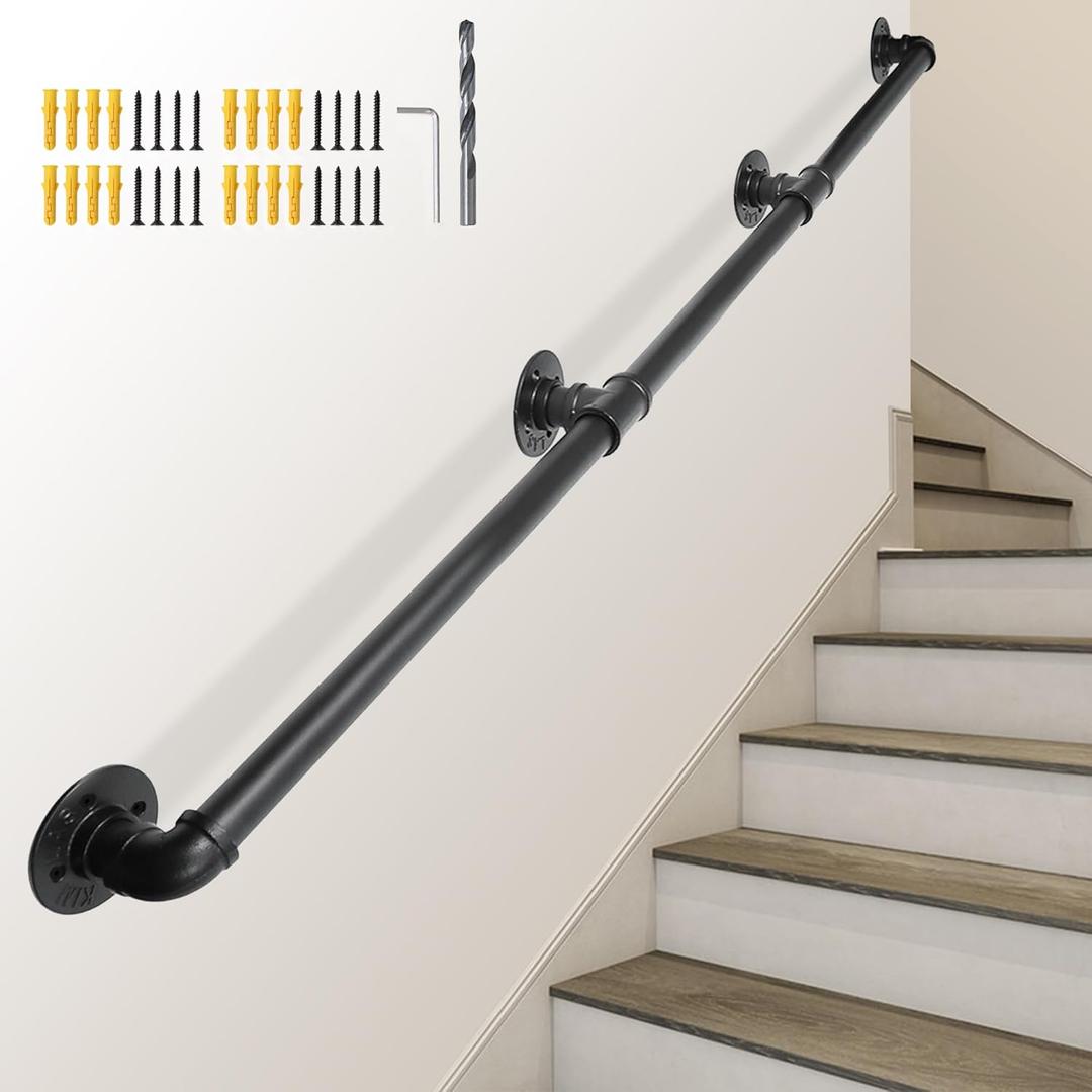 SCIEO 11.4FT Wall Stair Handrail for Indoor Outdoor Industrial Staircase Handrail, Metal Pipe Stair Hand Railing Galvanized Steel Handrails Non-Slip Grab Bar for Indoor Outdoor Steps Stairs Porch Deck (Black)