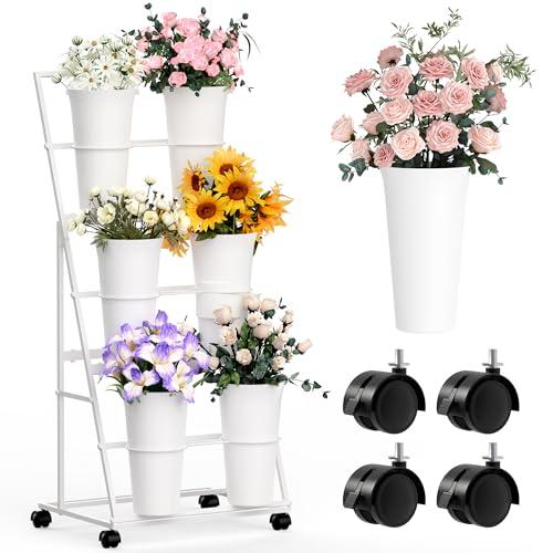 Invech Flower Display Stand with 6 Buckets and Wheels, 3 Tier White Flower Cart Display Stand for Indoor Outdoor Garden, Wedding, Flower Shop (Existing Patent)