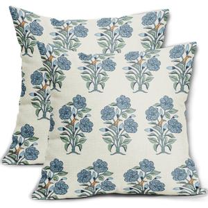 Blue Floral Block Print Pillow Covers 18x18 Light Blue Green Chinoiserie Flowers Birds Monsoon Decorative Pillows Outdoor Linen Farmhouse Cushion Case Pillowcase for Sofa Bed Room Decor Set of 2