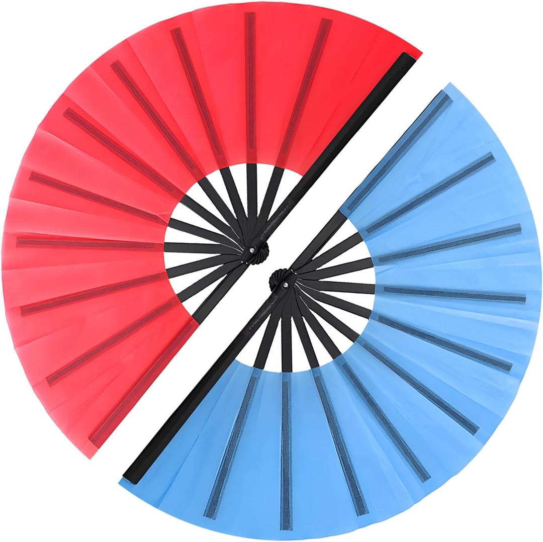 2 Pack Large Folding Hand Fan for Line Dancing, Boots on The Ground Clacking/Popping Rave Fans, 13inch Nylon-Cloth Portable Dance Fans (Red & Blue)