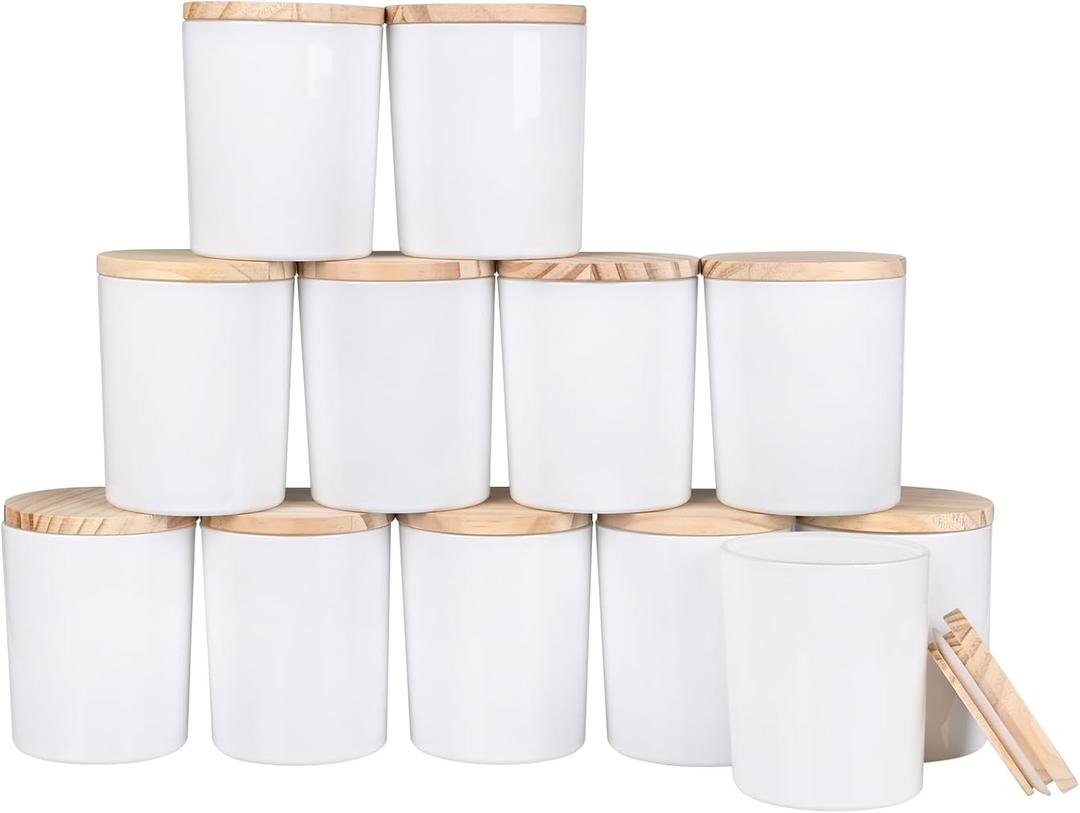 SHOWIN Thick Candle Jars for Making Candles 12 Pcs, 7 OZ Empty Jars with Wood Lids for Candle Making, Sample Container, Frosted White