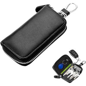 Leather Car Key Holder Bag, Unisex Key Fob Case with 6 Hooks, Zipper Closure Keychian Case Wallet for Smart Keys (Black)
