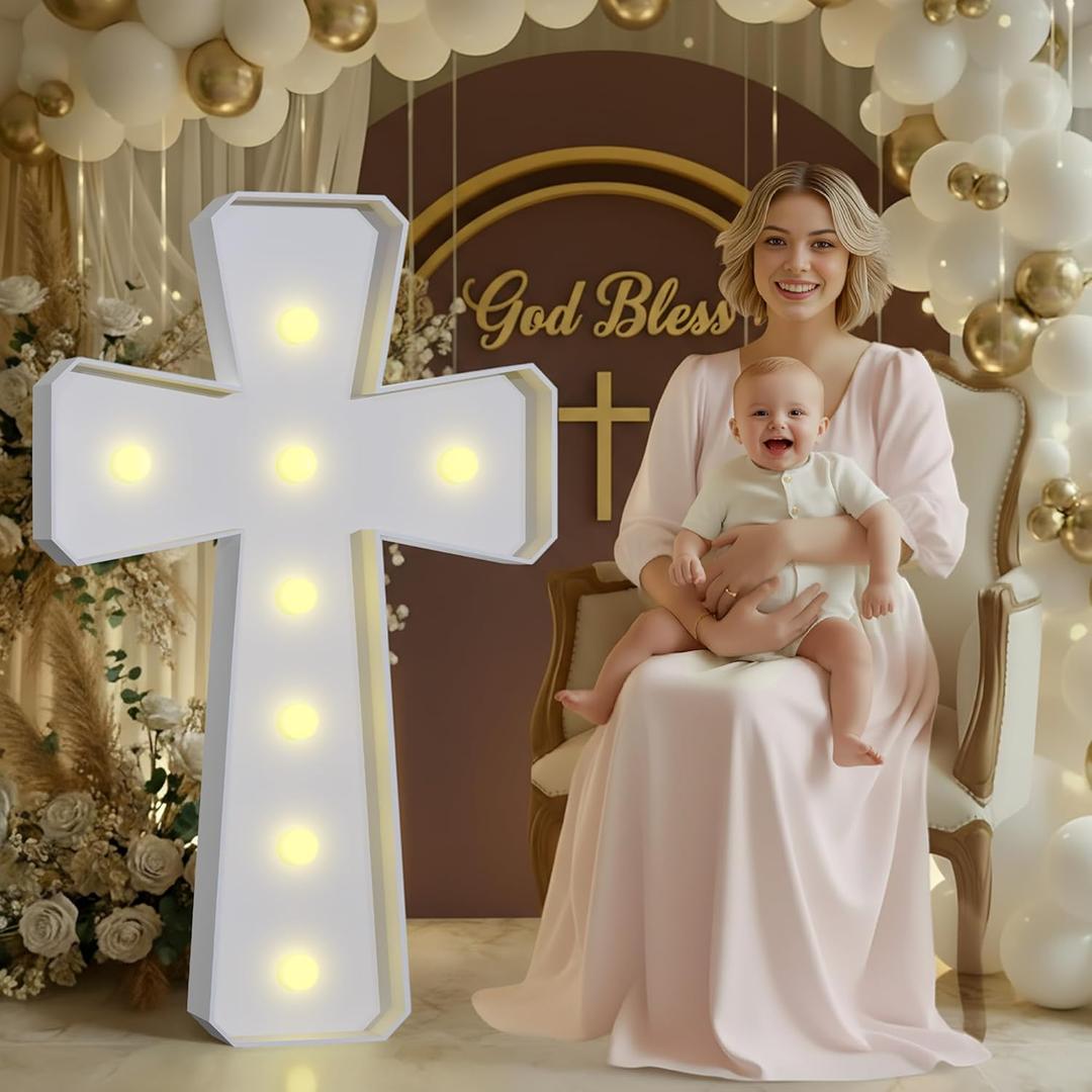 imprsv 3FT Light Up Cross for Baptism Decorations for Girl Boy, Large Marquee Cross for Mi Bautizo Decorations, Big Marquee Mosaic Frame for Baptism First Holy Communion Confirmation Party Decor, White