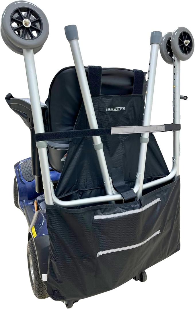 AlveyTech Universal Walker Holder for Mobility Scooters - Fits Most Scooters - Black Polyester Walker Holder with Attachment for Adult/Seniors (Deluxe)