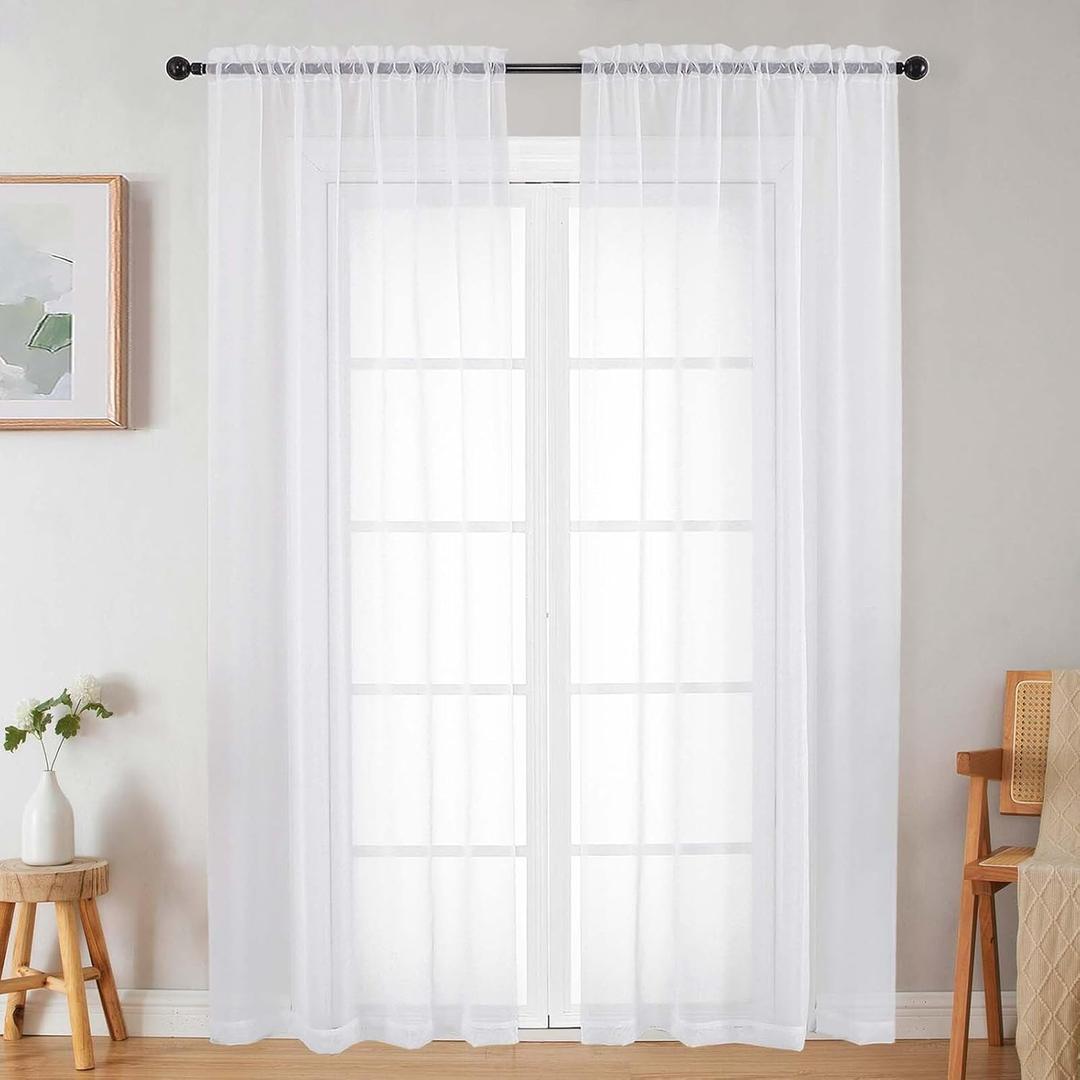 Sheer White Curtains for Bedroom Living Room 90 Inches Long 2 Panels Set, Soft Airy Light Filtering Sheer Window Treatments, Modern Rod Pocket Curtains Drapes, Each 42" Wx90 L Inch