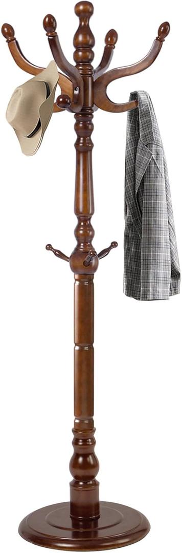 Wood Coat Rack, Heavy Duty Coat Rack Freestanding with 11 Smooth Hooks, Vintage Coat Tree, Clothes Hanger Stand with Stable Disc Base for Entryway, Bedroom (Walnut Brown)