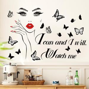 3D Inspirational Quotes Wall Decals - Removable DIY Red Lips Girl and Motivational Lettering Sticker - Peel and Stick Butterfly Art Decor for Women Bedroom Living Room Decoration