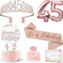 45th Birthday Gifts Decorations for Women, Including 45 year old Cake Topper, Birthday Queen Sash with Pearl Pin, Sweet Rhinestone Tiara Crown, Number Candles and Balloons Set, Rose Gold