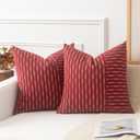 Kevin Textile Valentines Wine Red and Beige Farmhouse Striped Patchwork Linen Decorative Throw Pillows Covers 18x18, Set of 2, Modern Accent Square Cushion Covers for Couch Chair Bedroom