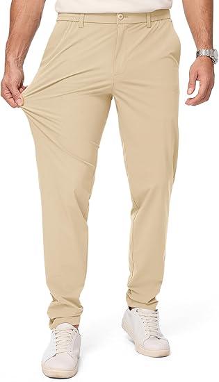 JMIERR Men's Casual Elastic Waist Pants Water Resistant Quick-Dry Lightweight Outdoor Golf Pant with Zipper Pockets (Medium, Beige)