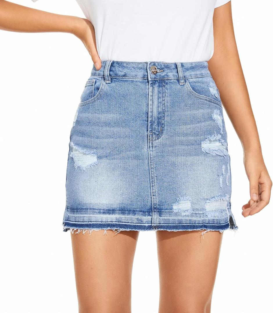 VIPONES Women Denim Skirt High Waist Raw Hem Stretch Ripped Casual Mini Jean Skirts, 12